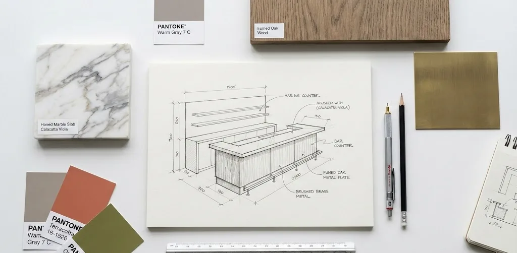 Tavola di progetto di un bancone: schizzo a matita con campioni di marmo, legno, ottone e colori